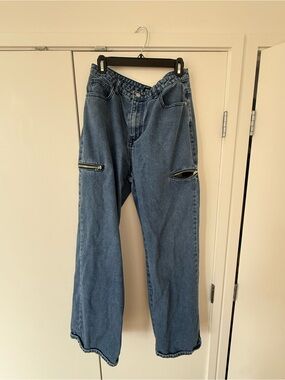 PLT Wide Leg Blue Denim Jeans with Zip Detail
